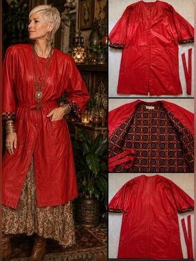 PRISTINE 1980s ROBERT KRIEF Long Red Leather Women's Coat
